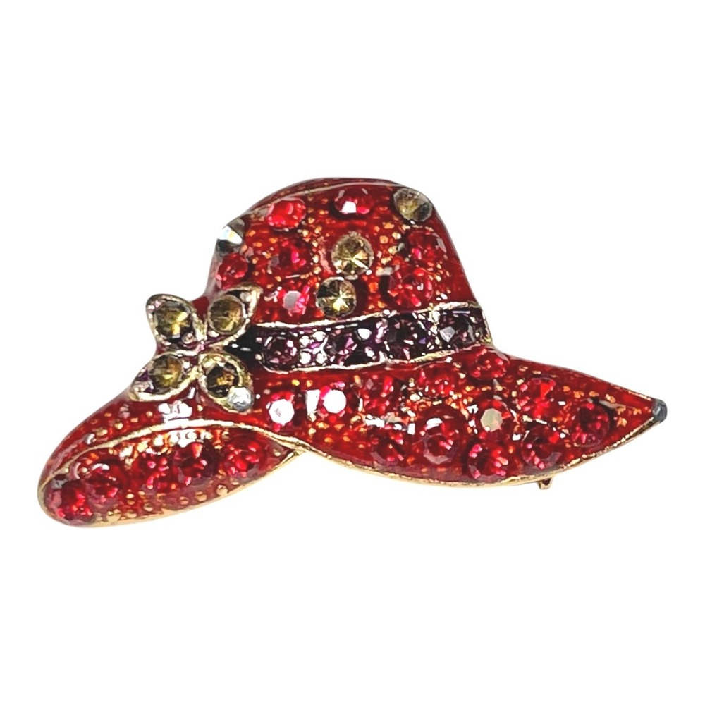 Red Hat Society Brooch Rhinestone Enamel Flower Pin Vintage Kitsch Glam Retro